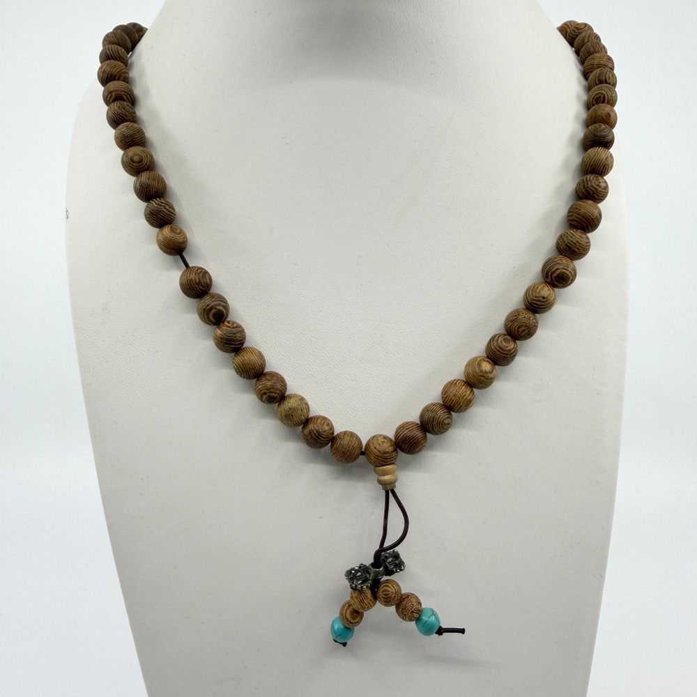 Boho Wooden Bead Mala Necklace - Tibetan Inspired Spiritual Accessory